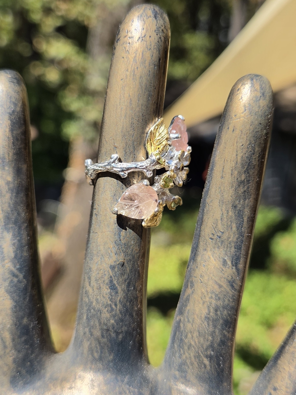 Pink Tourmaline Peridot & Garnet Sterling & Gold Finger Cuff Sz6 - Picture 6 of 11